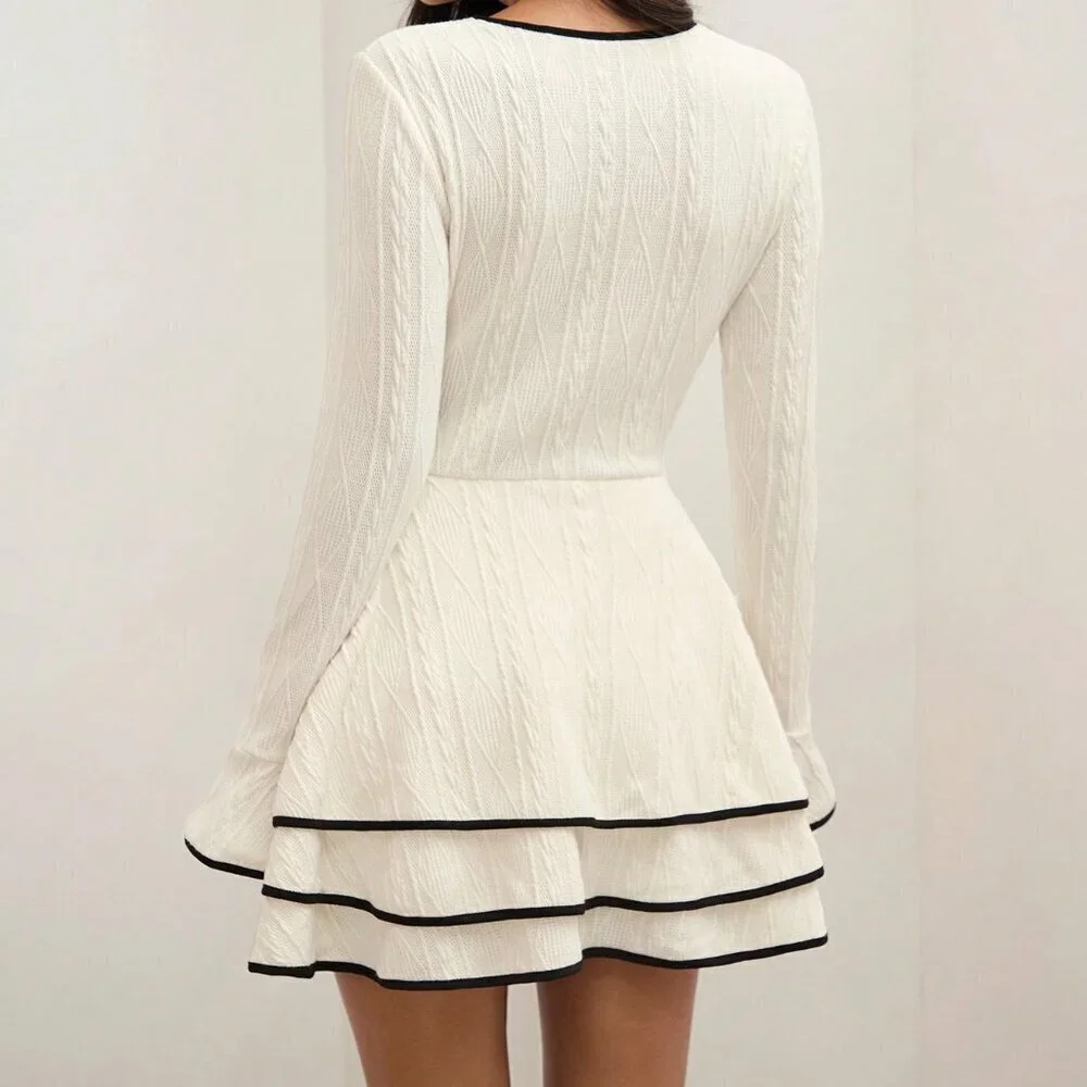 Multicolor Casual Women's Old Money Patchwork Trim Layered Hem Dress - Picture 5 of 6